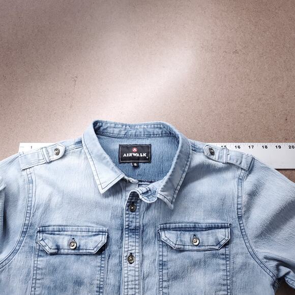 Chambray Shirt Mns S Blue Light Acid Wash Long Sleeve Button Up Slim Skater 90s - Picture 4 of 10